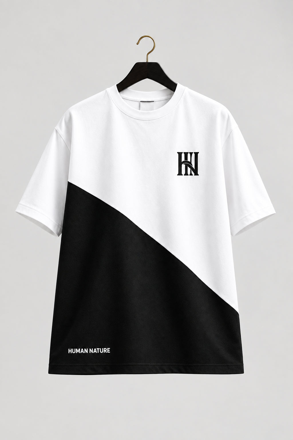 HUMAN NATURE white and olive diagonal colourblock T-shirt laid flat