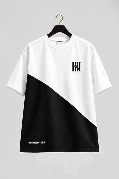 HUMAN NATURE white and olive diagonal colourblock T-shirt laid flat