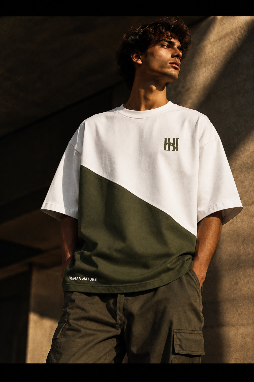 HUMAN NATURE white and brown diagonal colourblock T-shirt worn by model