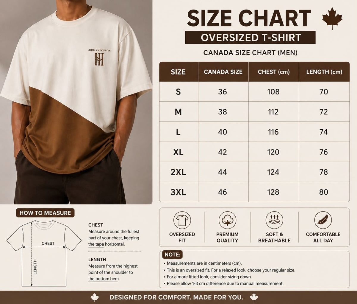 HUMAN NATURE oversized T-shirt size chart with chest and length in centimetres for S through 3XL