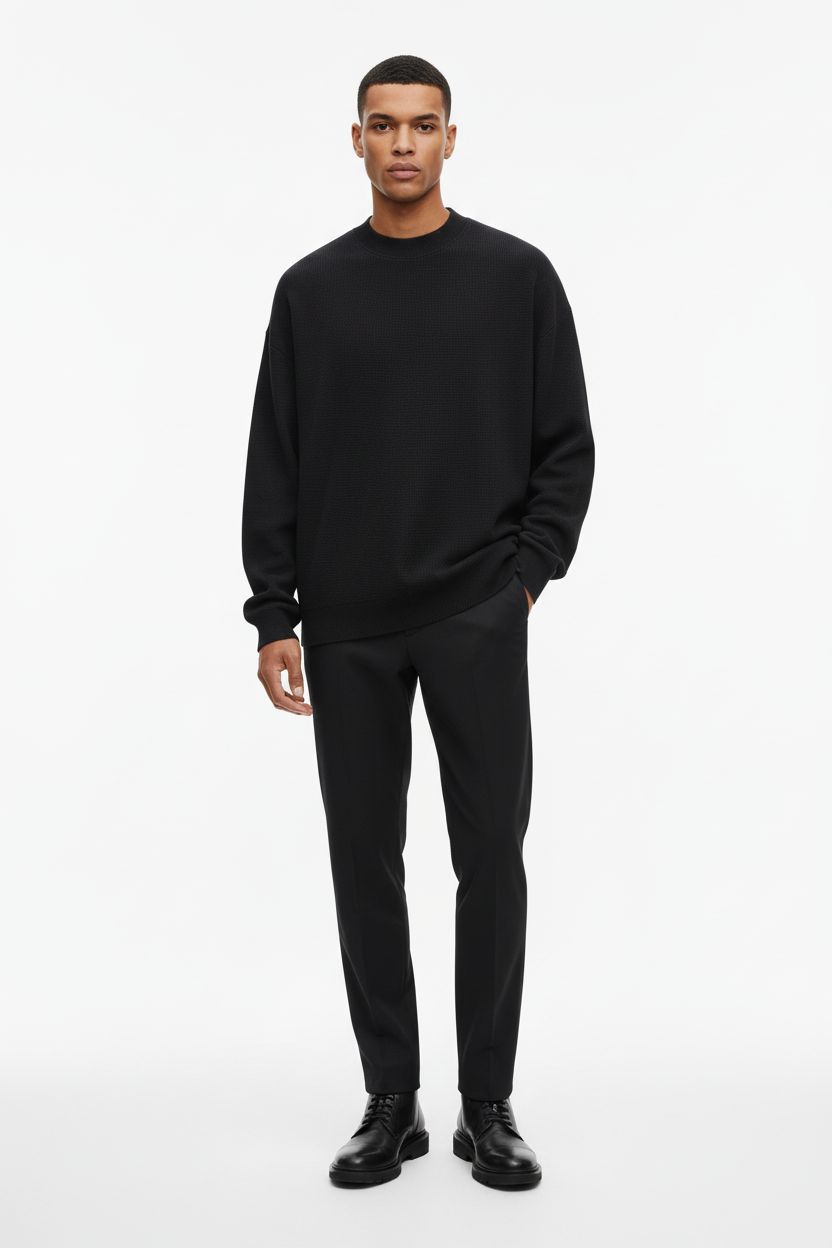 Black Waffle Knit Sweater – Male Model Studio Shot