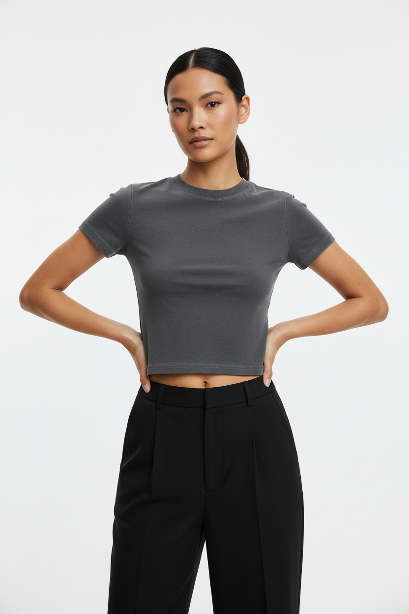 Charcoal Crop Tee – Female Model Studio Shot