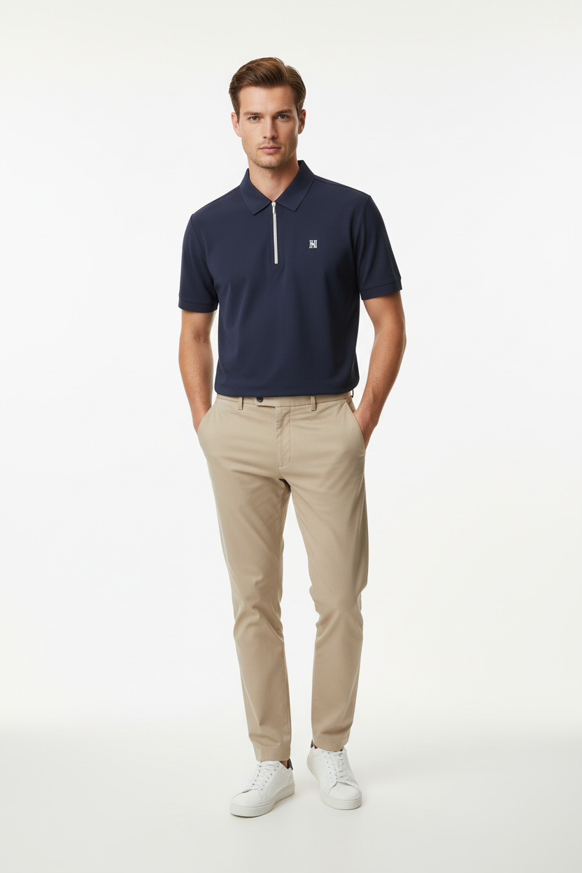 Navy Zip Polo – Male Model Studio Shot